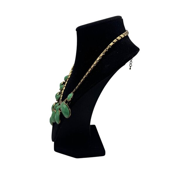 Gold Tone Statement Necklace Green Faceted Acrylic Stones Bib Design - Picture 4 of 9